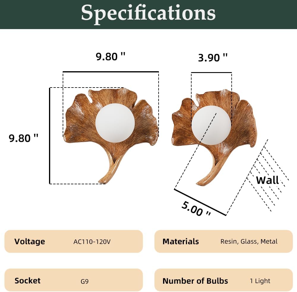 Skyblaze Mid-Century Modern Wall Sconce Ginkgo Leaf Shape Wall Light Textured Resin Base Decorative Hardwired Wall Mounted Lighting for Living Room Corridor in Wood