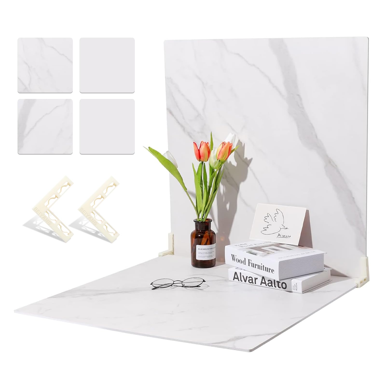 Photo 1 of [MINOR DAMAGE] BEIYANG 2 Marble 24x24 Inch Photography Backdrop Boards with 2 PCS Bracket for Flat Lay or Food Photography Background Marble and White Backdrop Photo Table Backdrop