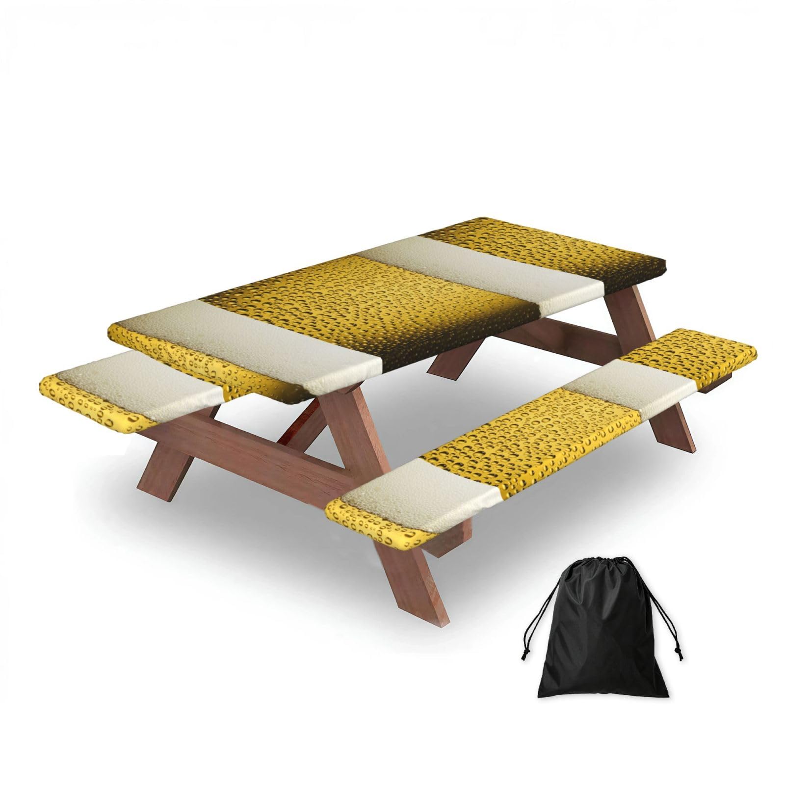 Ice Cold Beer Design, Picnic Table Cover With Bench Covers -Waterproof Elastic Fitted Tablecloth for Garden Camping Patio 76x152cm