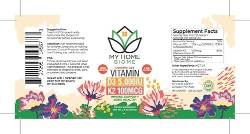 Miniatura 4 de MY HOME BIOME Gotas líquidas de vitamina D3 y K2D3-5000IUK2-100MCG con aceite MCT sin sabor, 2 onzas líquidas de alta potencia, mejor antes de