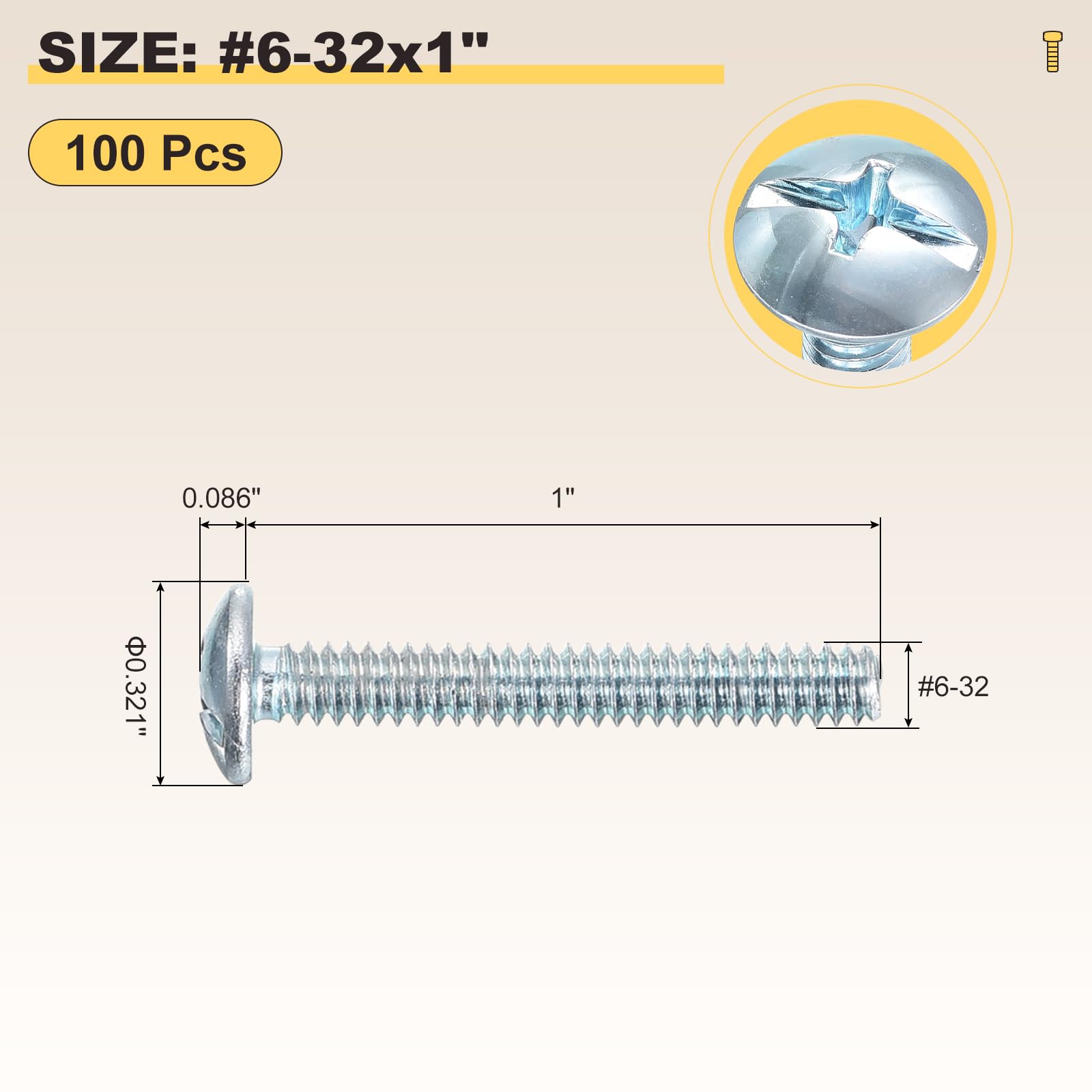 METALLIXITY Machine Screws Phillips Combo Head(#6-32x1") 100Pcs, Carbon Steel Round Head Cross Drive Furniture Bolts - Image 2
