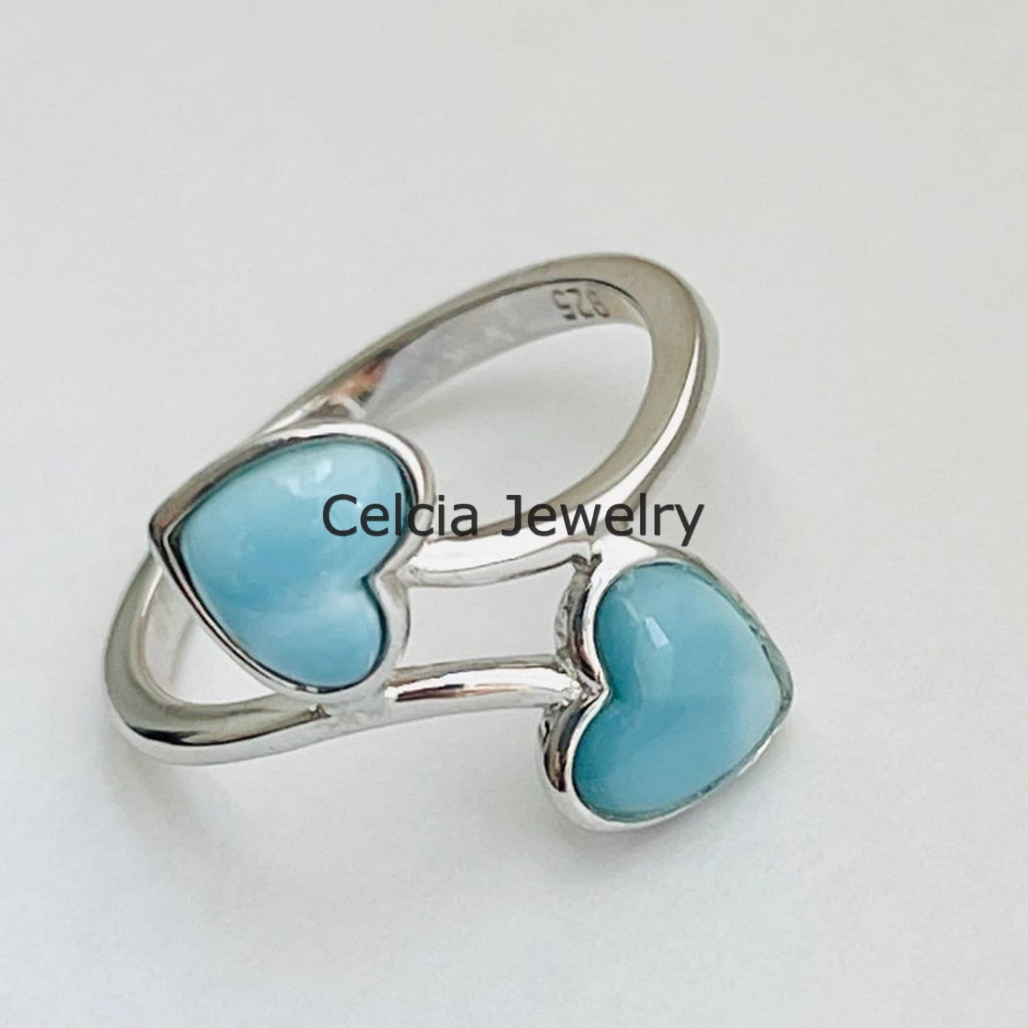 Anello a due cuori pietre preziose di Larimar, anello da donna in argento sterling solido, anello di promessa di compleanno, anello Boho per la festa della mamma bella (larimar)