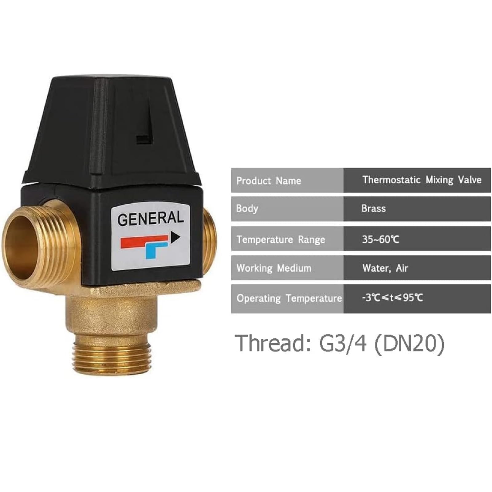 Thermostat 3-Wege-Ventil, DN20 G3/4 Messing Thermostatventil, -35 bis 60° Thermostatisches Mischventil für Solarwarmwasserbereiter Duschsyst Wassertemperaturregelung Fußbodenheizung
