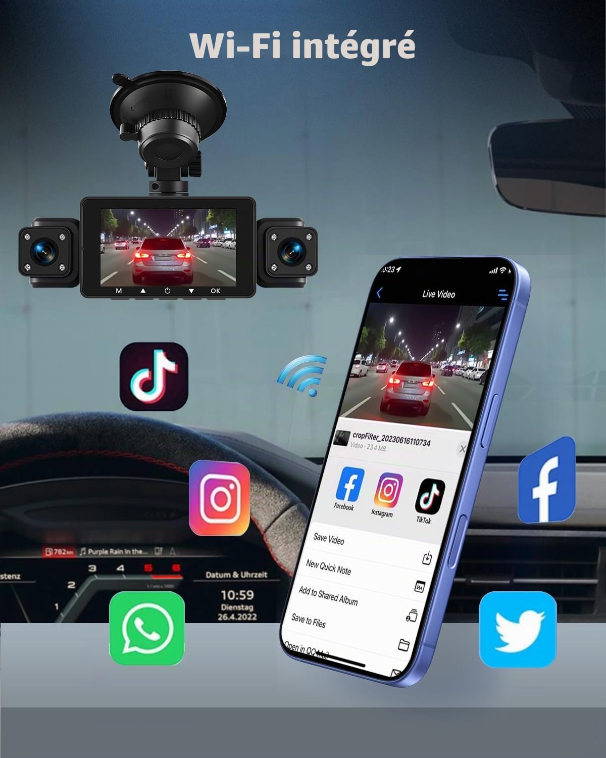 NHOPEEW Caméra Voiture 360° à 4 Canaux – Caméra Voiture 1080P avec G-Sense/Contrôle APP WiFi, Vision Nocturne IR/Enregistrement en Boucle/Détection de Mouvement