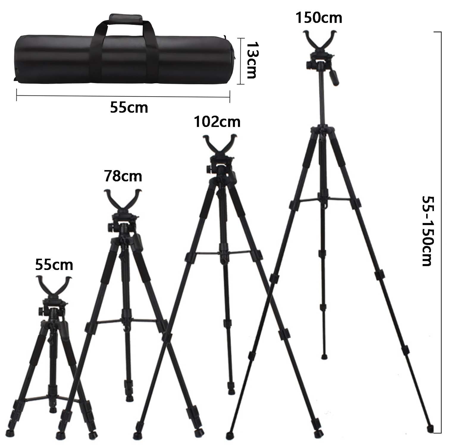 Trípode de caza de tiro, trípode de caza altura ajustable 55-150 cm, yugo de desprendimiento rápido, duradero y ligero, ideal para la caza