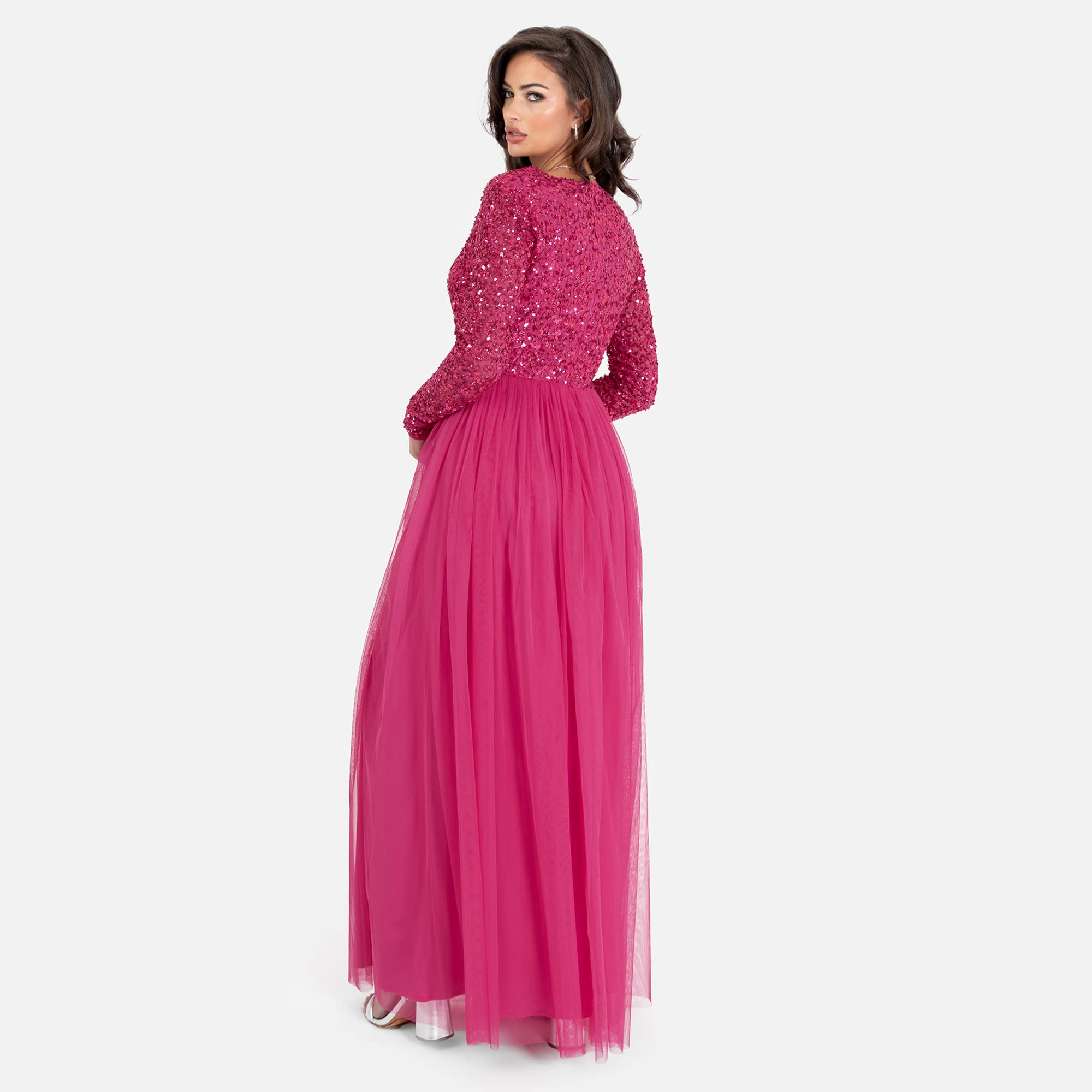Maya Deluxe Sukienka Kobiety Womens Ladies Dress Long Sleeve For Wedding Guest V Neck High Empire Waist Maxi Long Length Evening Bridesmaid Prom (1 w zestawie)