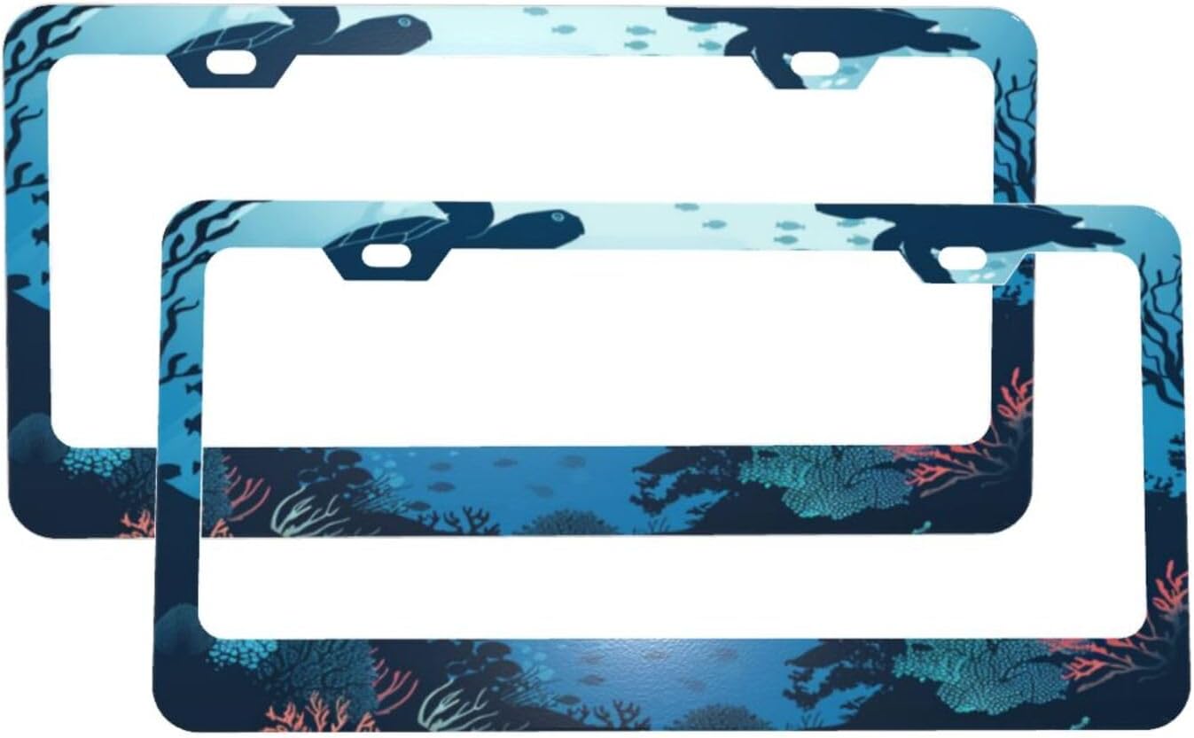 Underwater Turtles Matte Aluminum License Plate Frame with Black Screw Caps，2pcs 2 Holes Black Licenses Plates Frames,Car Licenses Plate Covers Holders for Us Vehicles/Women/Men