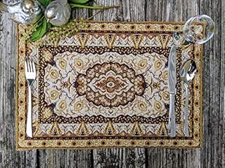 DaDa Bedding Persian Style Rug Tapestry Dining Table Placemats - Set of 4-Pieces Ornate Floral Intricate Elegant Royal Golden Opulence - Gold Brown Beige Damask Woven Linen Kitchen Mats - 13” x 19”