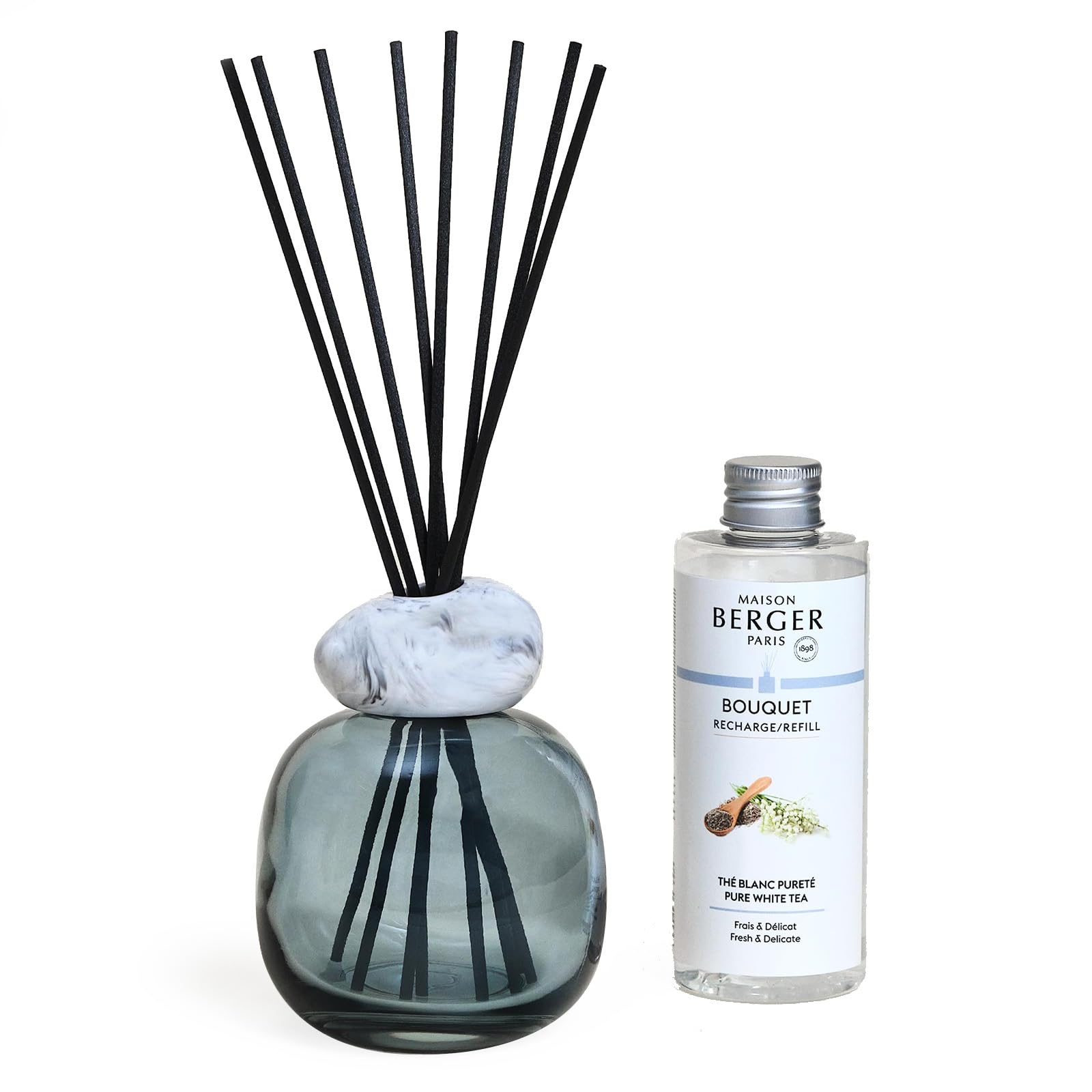 Lampe Berger - Bouquet Mineral (Bleu/Blanc)+ 180 Ml Thé Blanc Pureté-image