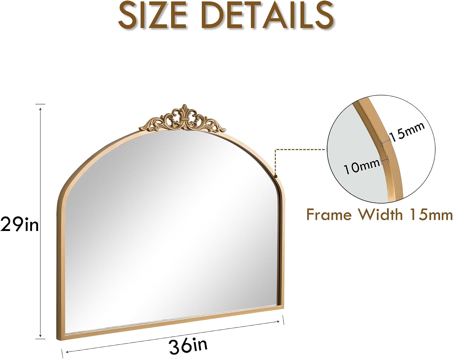 Gold Vintage Arched Wall Mirror 36x29 Antique Baroque Ornate Mirror with Carved Pattern Top and Metal Frame for Bathroom Living Room Entryway Fireplace Hallway