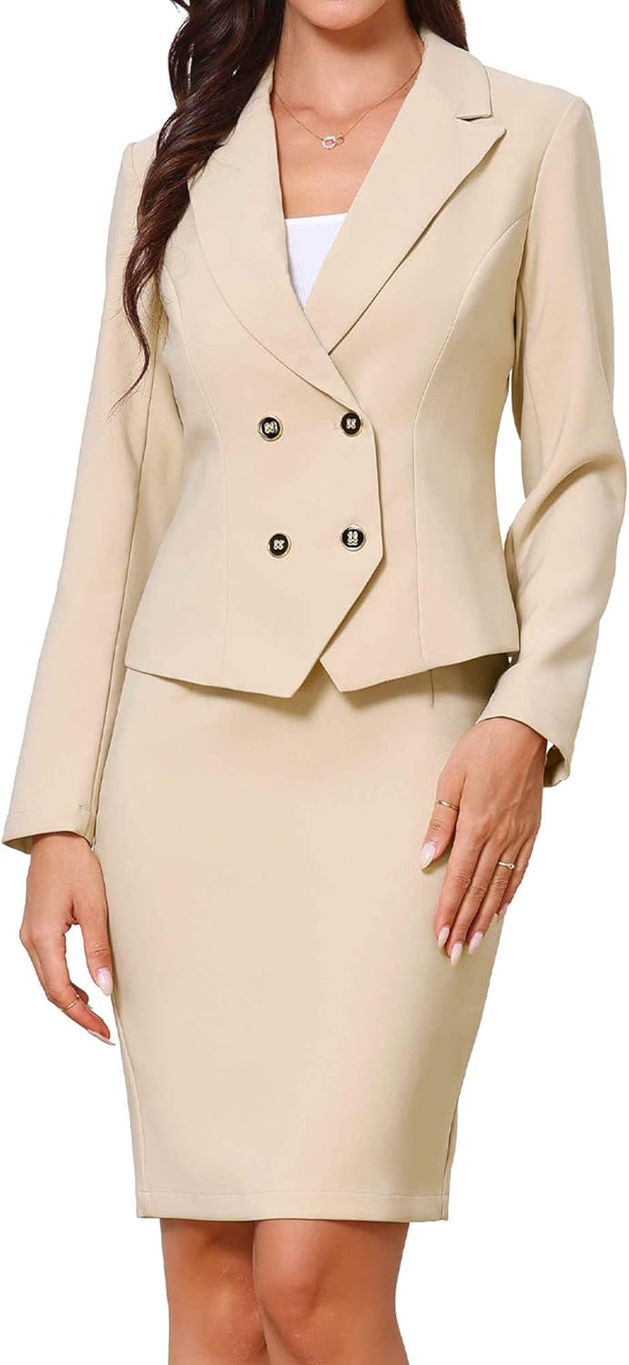Allegra K Skirt Suit Sets for Women's 2 Pieces Office Double Breasted Blazer Pencil Skirt Business Outfits