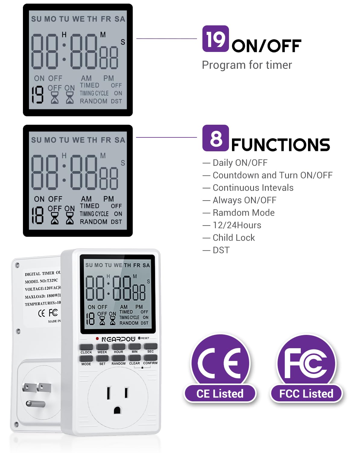 Outlet Timer, NEARPOW Multifunctional Programmable Timer with Countdown and 7-Day Digital Infinite Repeat Cycle Intermittent, 19 ON/Off Programs for Electrical Outlets, 3 Prong, 15A/1800W - Image 2