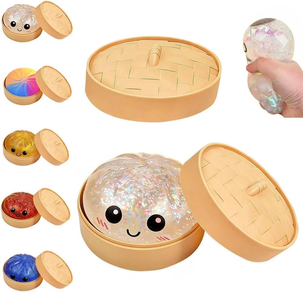 Dumpling Squishy Mystery Box, Slow Rising Glitter Squishy Dumpling Toy, Anxiety Relief Fidget, Stocking Stuffers with Food Steamer Stretchy Desk Toys (Glitter Pink) — view 10