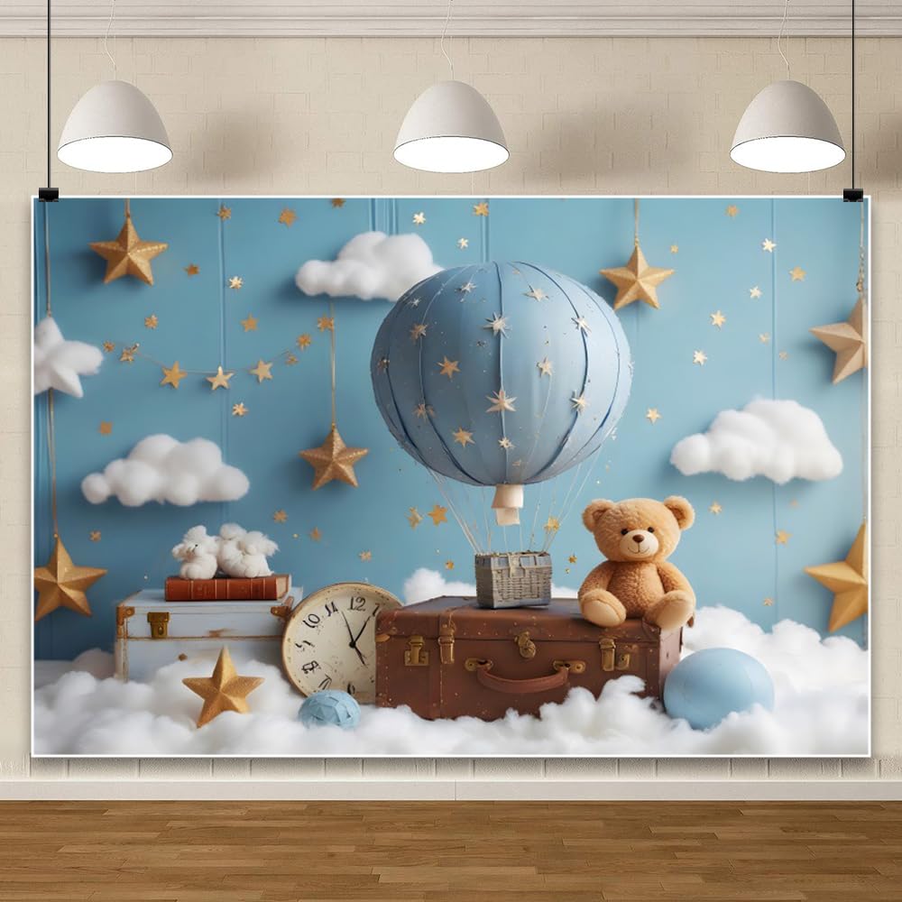 Spazio Esterno Compleanno Sfondo 2.2x1.5m Universo Blu Cielo Bianco Nuvola Bambino Doccia Foto Sfondo Giocattolo Orso Scatola di Legno Ragazzo 1 ° Festa di Compleanno Decorazione