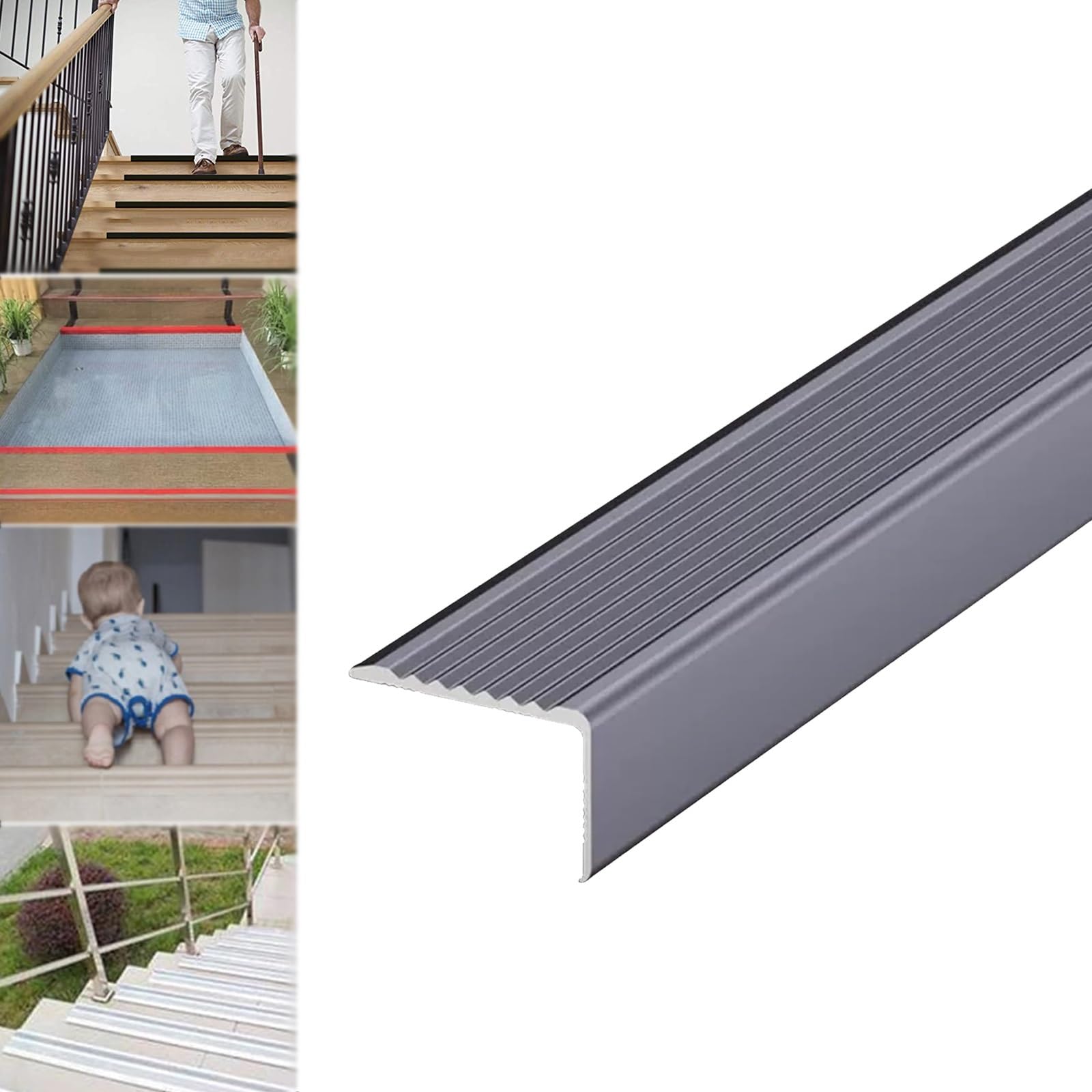 Protectores de bordes de escalera de metal de 90 cm, tiras antideslizantes para peldaños de escalera interiores y exteriores y soluciones seguras de seguridad para escaleras