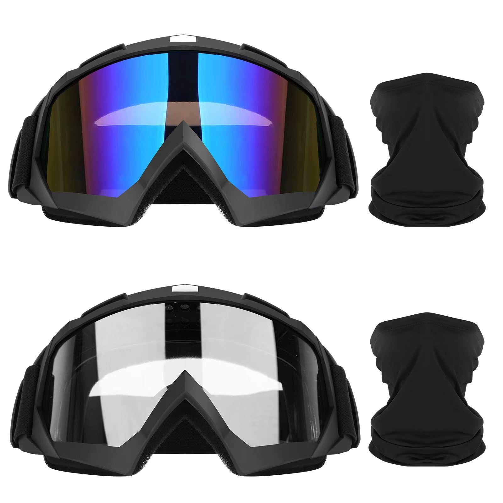 Lievermo Occhiali da moto da cross, confezione da 2, per ATV, fuoristrada, motocross, sci, antivento, con protezione solare UV, scaldacollo, copertura per il viso