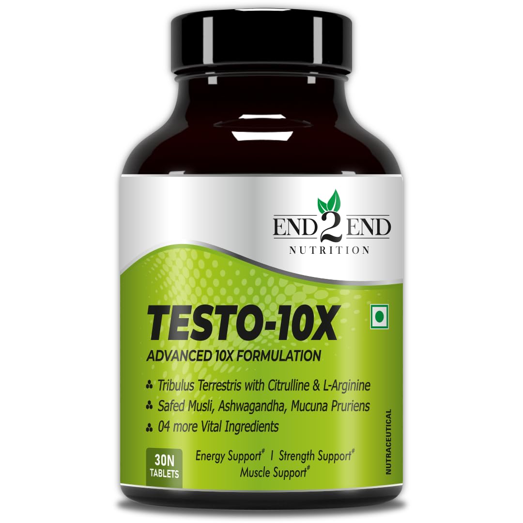 End2End Nutrition Testo-10X Natural Testosterone Booster for Men with Tribulus, L-Arginine, Ashwagandha and Safed Musli for Strength, Stamina, Energy and Muscle Gain – 30 Tablets