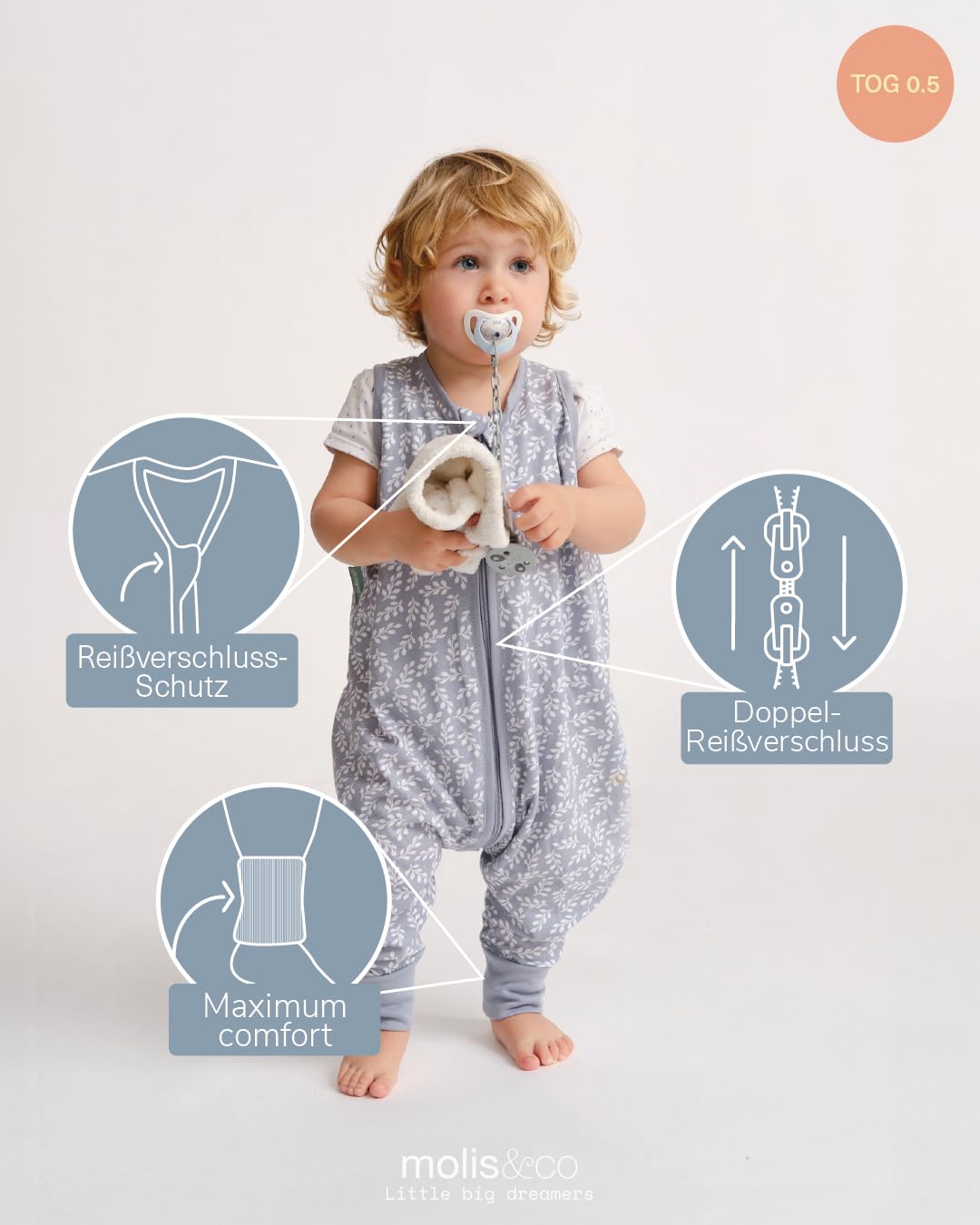 molis&co - Baby Schlafsack mit Füßen 0.5 TOG - Sommerschlafsack für Jungen - Kinder Babyschlafsack mit Beinen - 100% Baumwolle (Oeko-TEX 100), Premium Qualität - Blue Garden (80 cm)