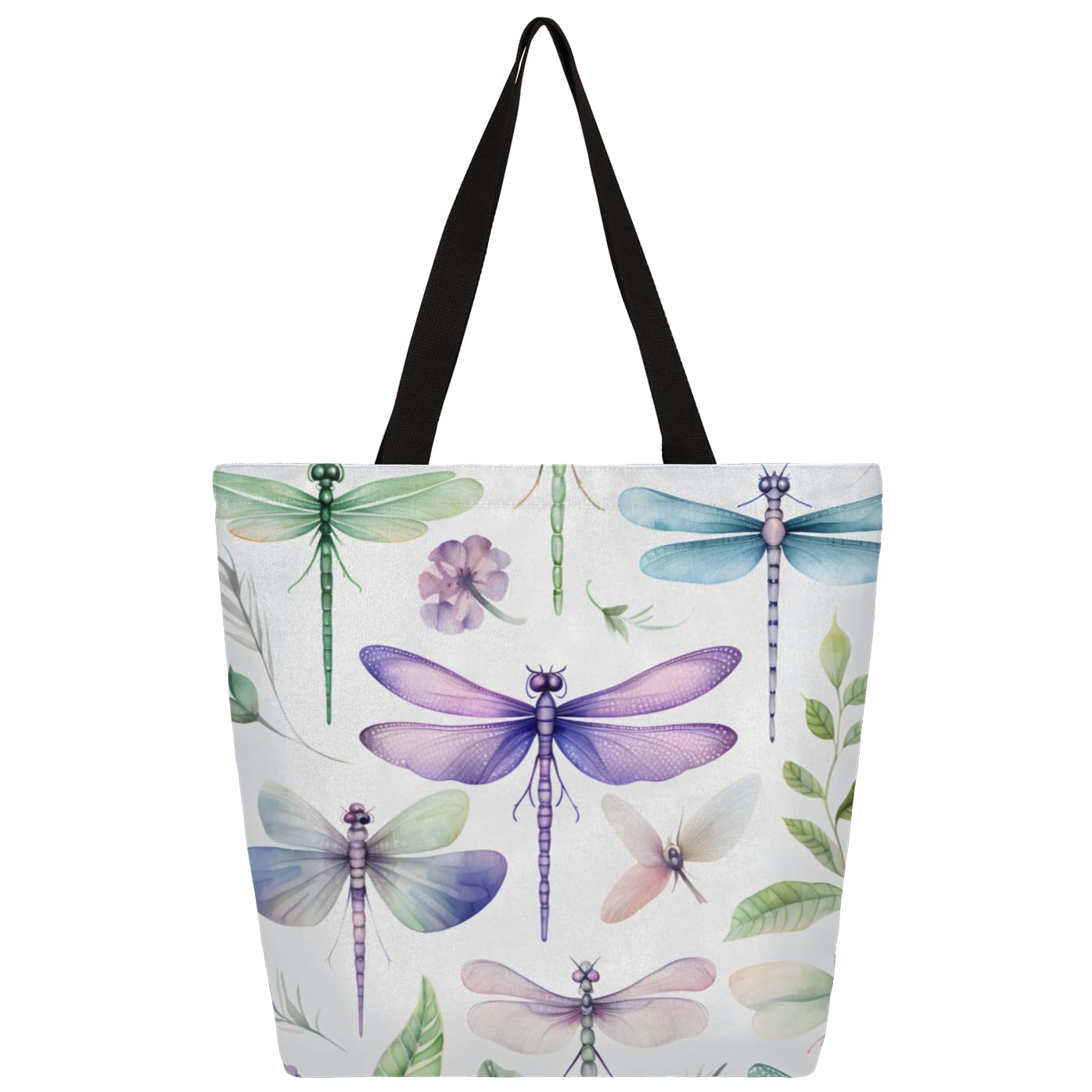 Mularoka Dragonflies Watercolour Large Capacity Canvas Tote Bag Stylish Handheld Shoulder Bag Reusable Shopping Bag for Work Travel Beach Trips Shopping