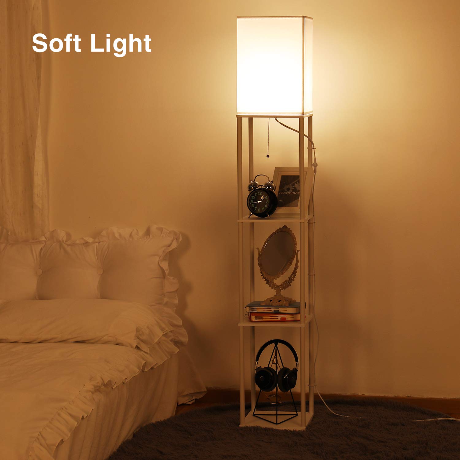 BBHome Moderna lampada a stelo con ripiani in legno, 3 temperature di colore, dimmerabile, lampada a LED per soggiorno, camera da letto, lampadina da 9 W inclusa (bianco)