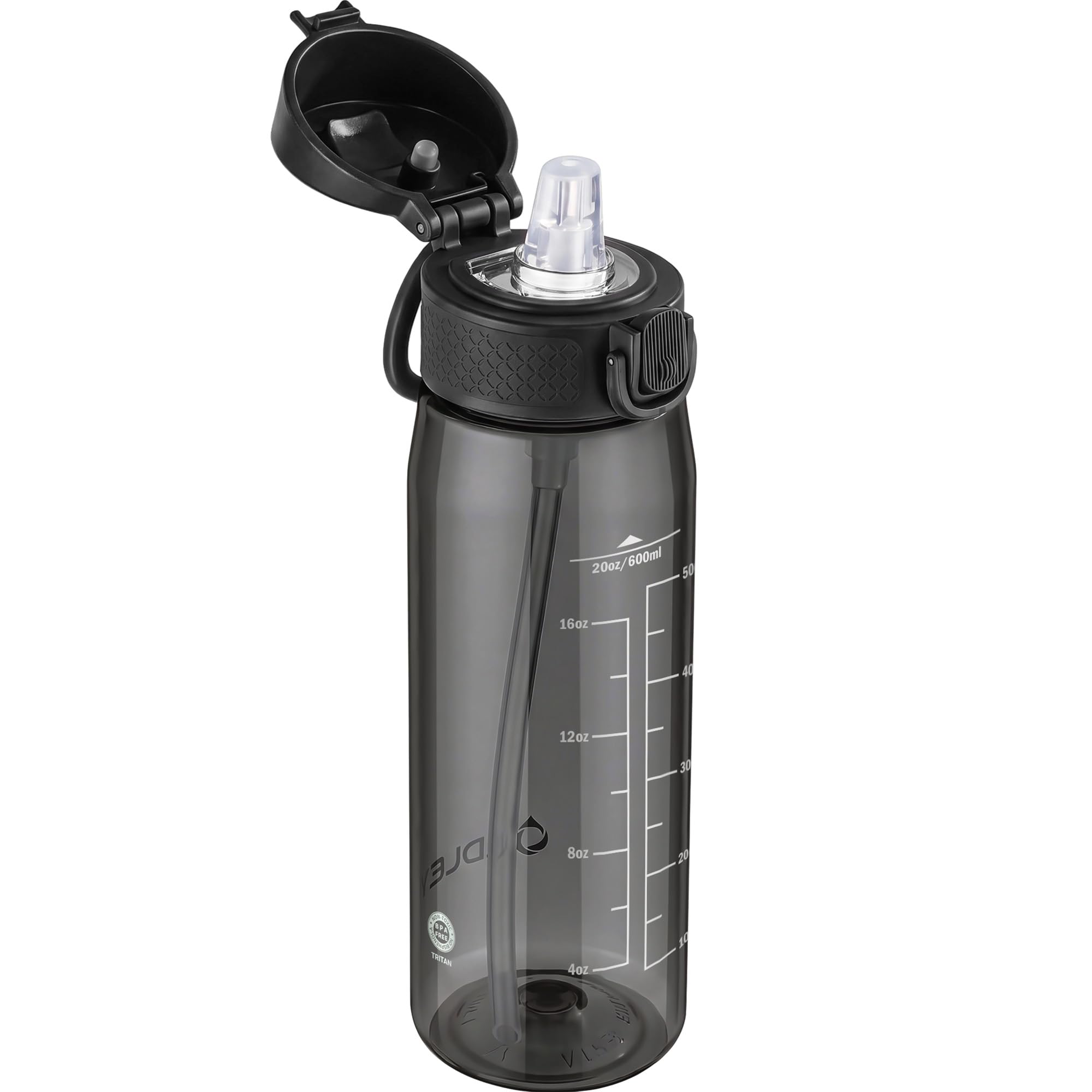 OLDLEY 600ml/20oz Water Bottles with Straw Leakproof Tritan Water Bottle with Handle BPA Free Time Marker Sports Drinking Bottle for School, Travel, Sports (Black)