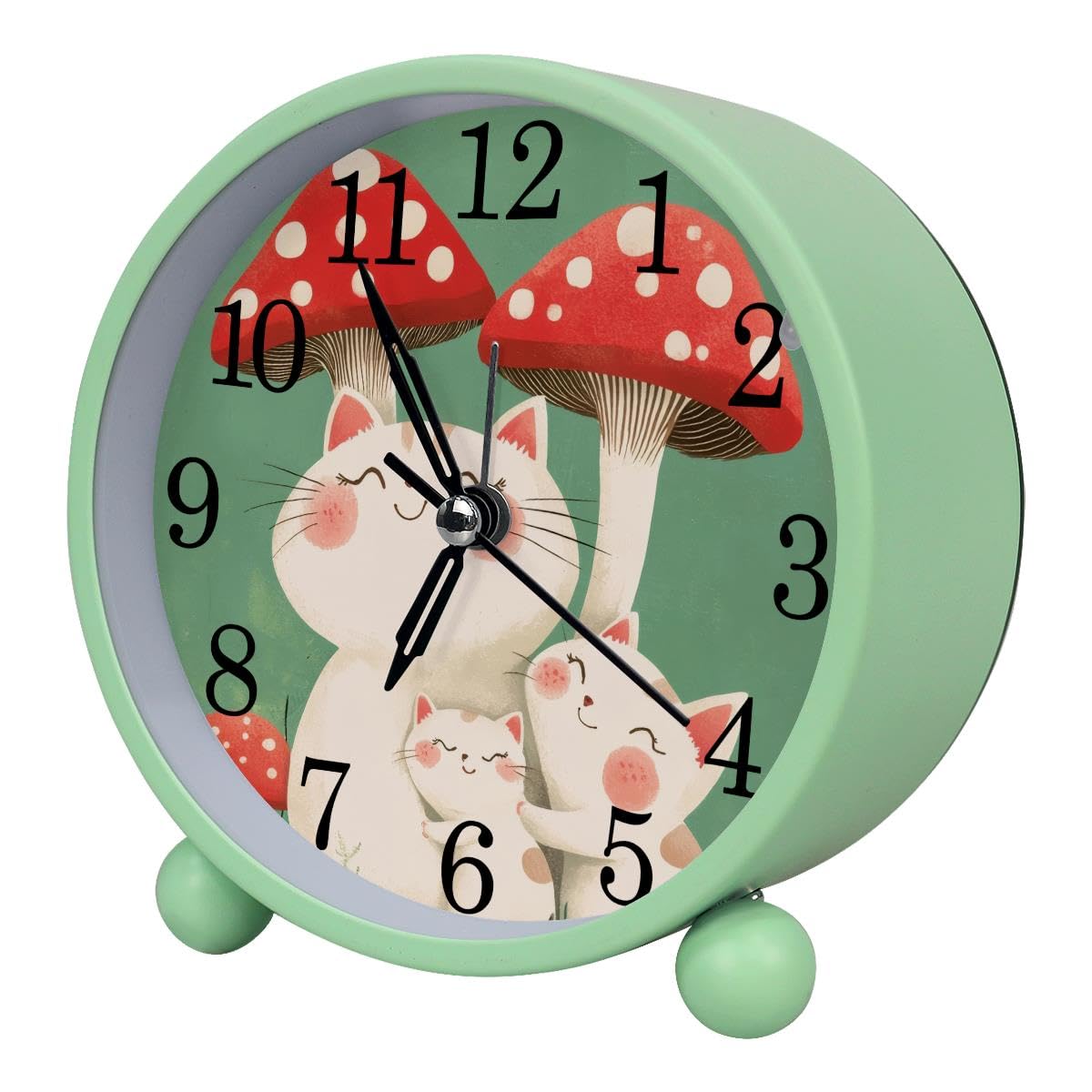 Luoweisi Alarm Clock Cats Mushrooms, Silent Non-Ticking with Night Light, Round Metal Alarm Clock for Office, Battery Operated, Bedroom, Elderly, Adults, Children, Student Gifts