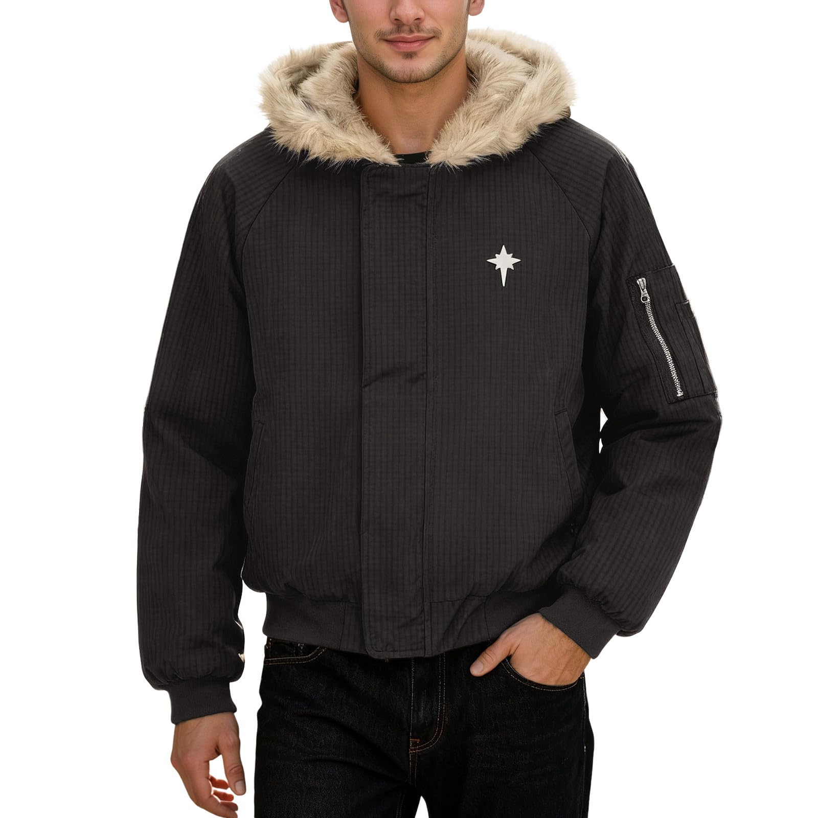 Manteau Homme Hiver - d' à Capuche avec Bordure Amovible en Fausse Fourrure Robuste Veste d'extérieur pour Temps Froid Coupe-Vent imperméable Isolante Thermique et Chaude.