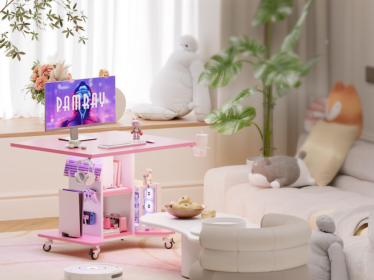 Pamray Piccola scrivania da gioco con luci a LED, prese di corrente e pannello forato per riporre oggetti, piccoli spazi, tavolo compatto per computer PC, rosa