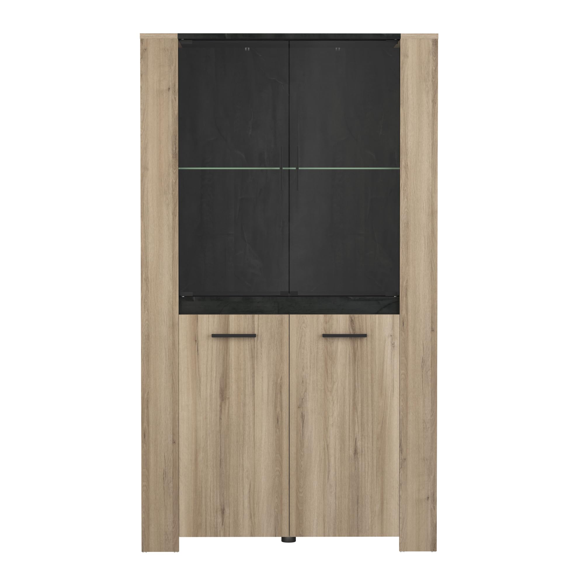 Vaisselier Vitrine Industriel En Bois 2 Portes Vitrées & 2 Portes – Coloris Chêne et Gris Foncé Martelé - 99,8x43,3x73,8 cm