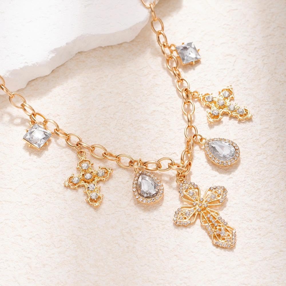 Gold Multi Crystal Cross Necklaces for Women,Trendy Teardrop Zircon Cross Statement Pendant Necklace,Fashionable Birthday Jewelry Accessories Gifts - Image 5