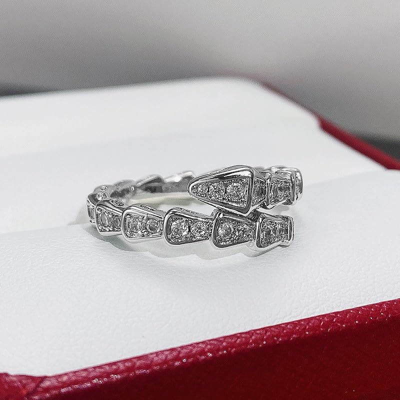 Sdouefos Vintage Snake Rings 925 Sterling Silver Shiny Diamond Gemstone Ring Cubic Zirconia Rings CZ Diamond Snake Shape Ring Eternity Engagement Wedding Band Ring for Women Size 74