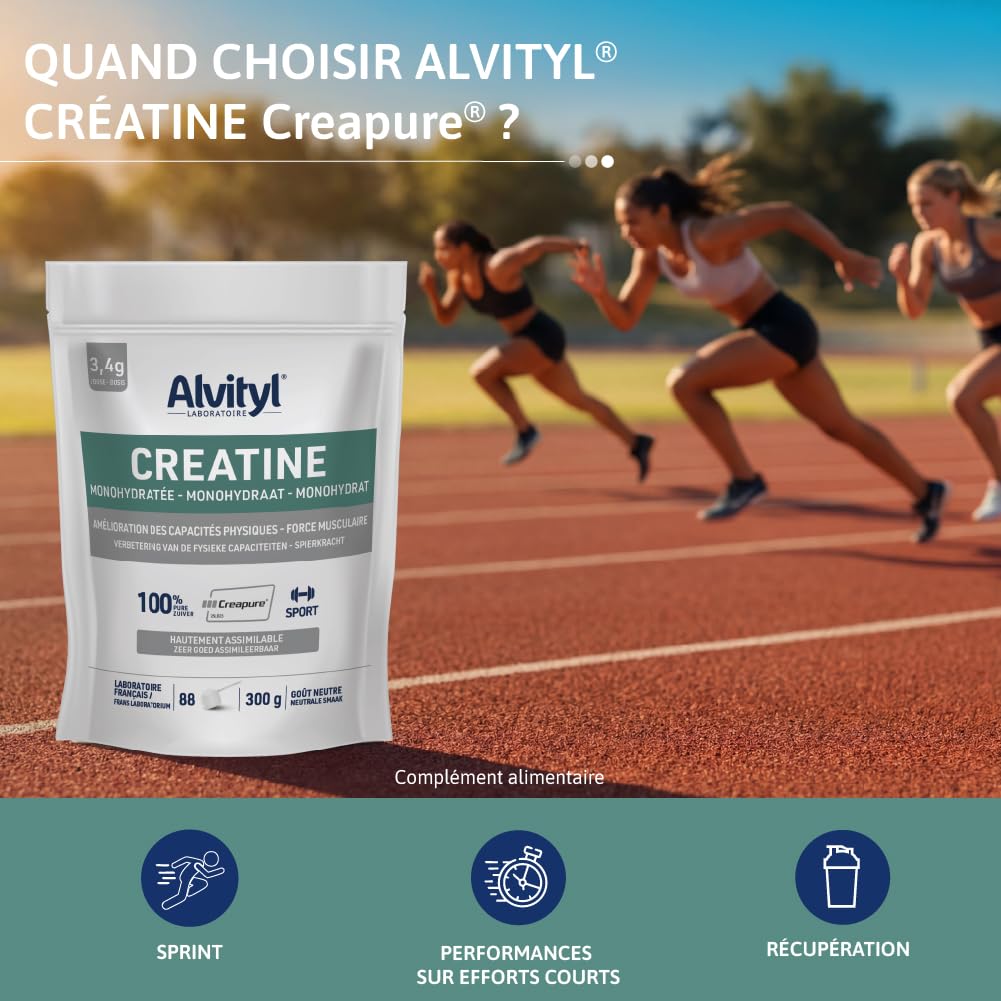 Alvityl Créatine Monohydratée Creapure 100% Pure Poudre 88 portions 300 g | Creapure® hautement assimilable, goût neutre, 3 g/jour, améliore les performances physiques, excerices hautes intensités