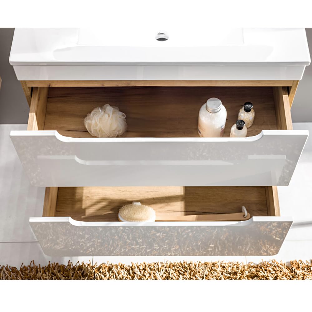 Lomadox Ensemble de meubles de salle de bain avec vasque et miroir LED de 81 cm - Blanc brillant avec chêne Wotan - Armoire suspendue, meuble bas