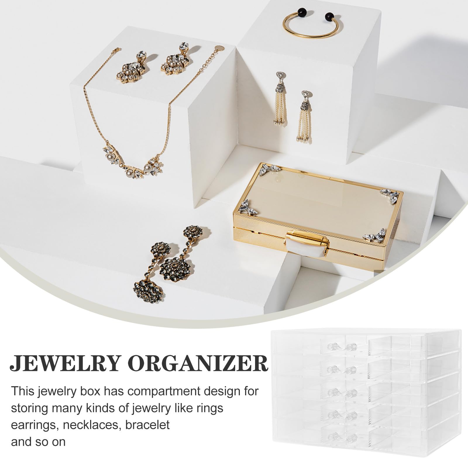Alasum Joyero Transparente de Gran Capacidad de Acrílico con 5 Cajones y 30 Compartimentos Organizador de Joyas con Diseño Compartimentado para Almacenar y Proteger para Pendientes
