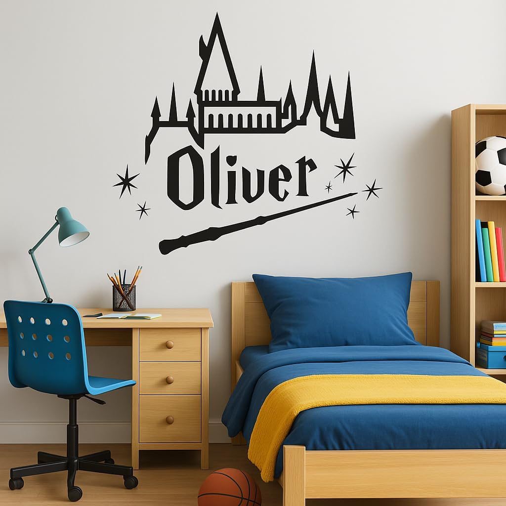 Custom Wizard Name Wall Decal for Kids Room - Personalized Wand Castle Wall Sticker Wallpaper - Emo Room Decor Unisex Magic Teen Wall Decoration - Strars Bedroom Art Mural Vinyl Sticker