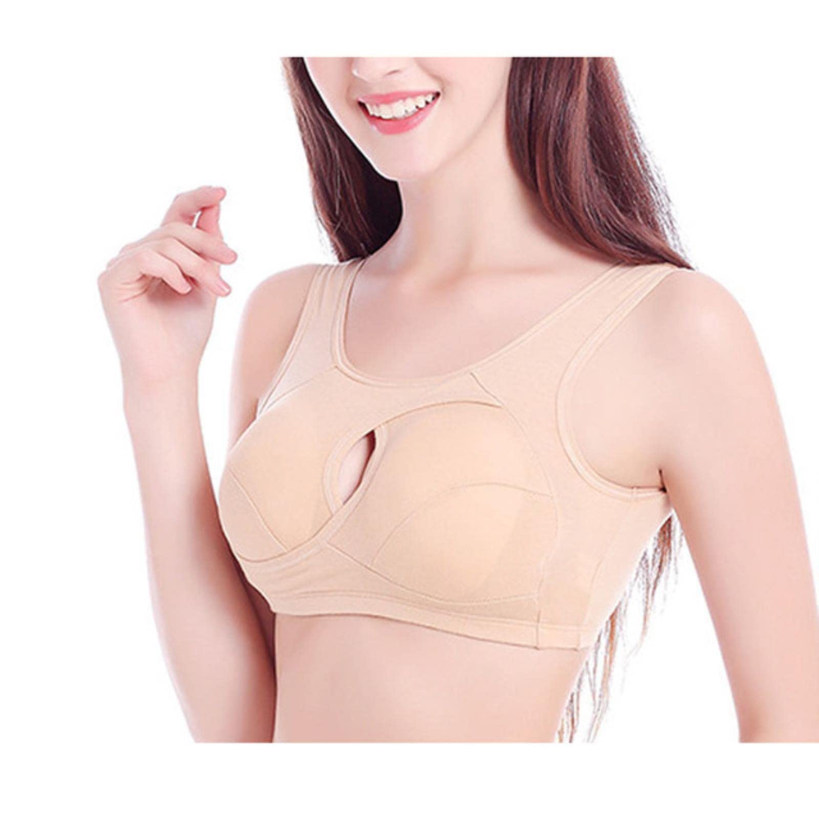 CHUNNUANFashion Kewanitaan Tidak Ada Jejak Tidak Ada Cincin Baja Motion Kebugaran Seksi Murni Kapas Tidur Bra-khaki L