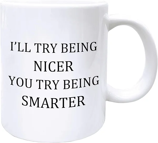 Foyoulame Funny Coffee Mugs, Funny Coworkers Gifts, Sarcastic Tea Cup Gifts for Boss Coworkers, I'll Try Being Nicer If You Try Being Smarter Ceramic Coffee Tea Mug 11oz