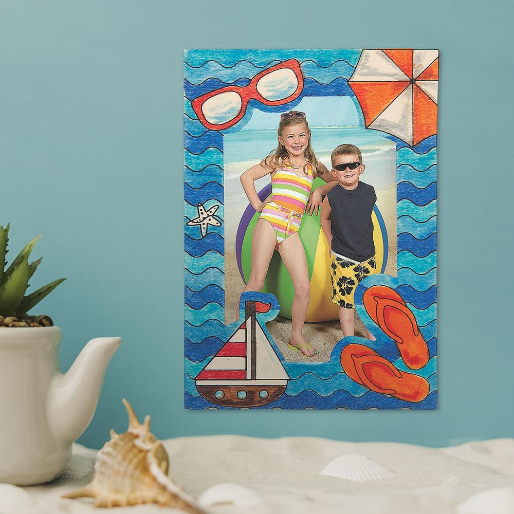 Fun Express Color Your Own Wood Beach Picture Frames with Magnets - VBS Vacation Bible School Supplies/Decor - Makes 12 - DIY Crafts for Kids