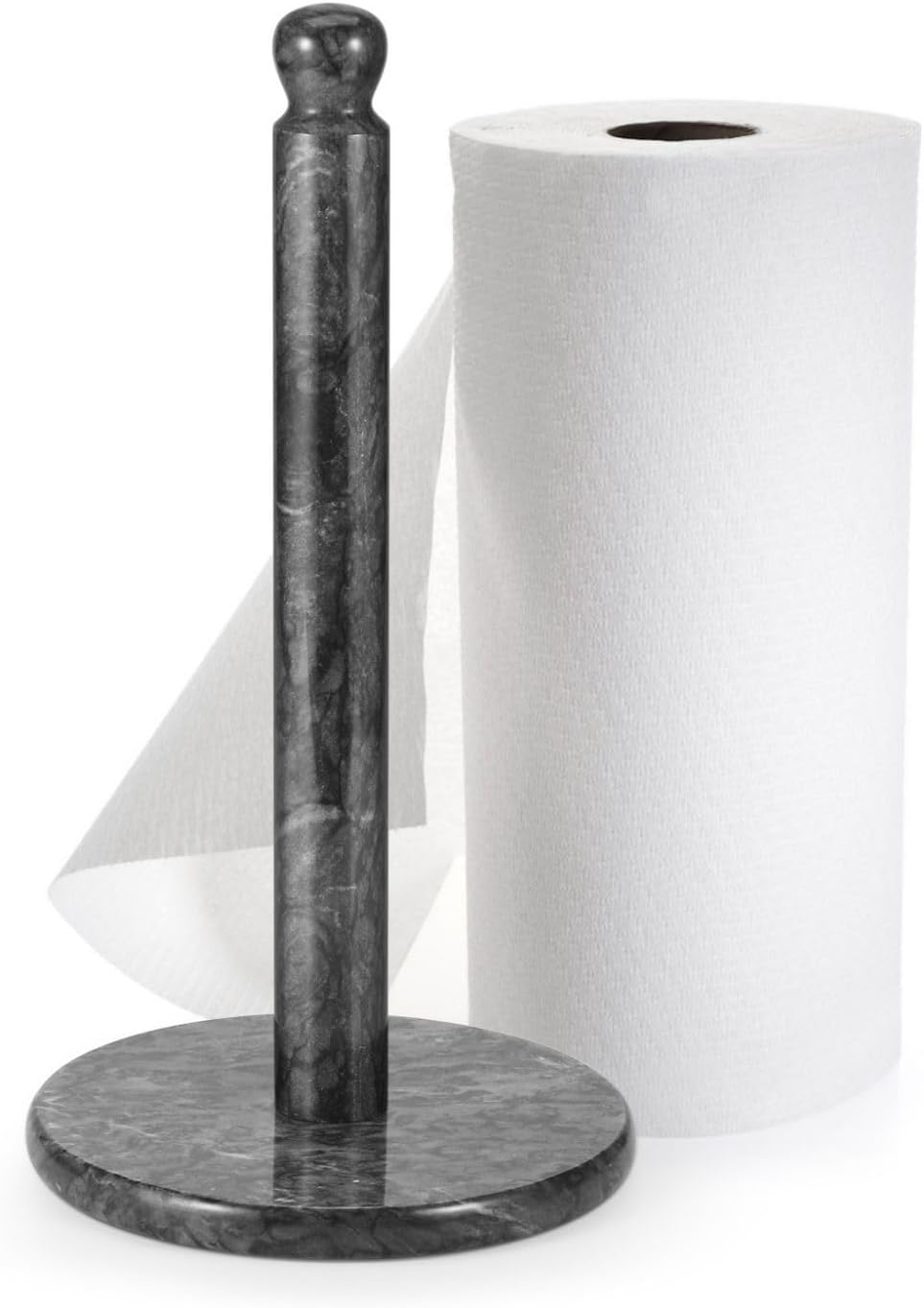 Flexzion Marble Paper Towel Holder 12 inch (Black) - Kitchen Countertop Paper Towel Holder Stand Rack with Roll Dispenser Pole and Weighted Marble Base for Tables Home Dining Bathroom Storage