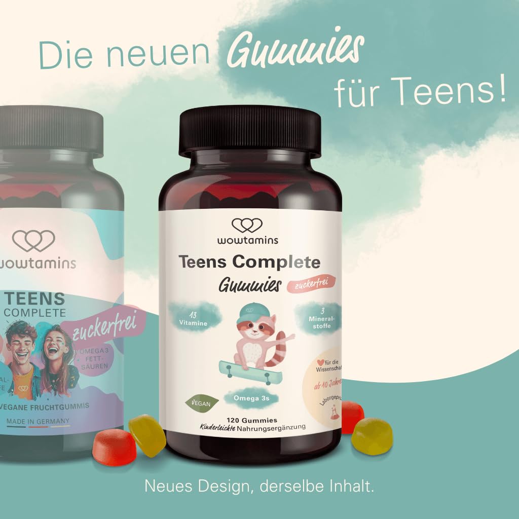 wowtamins Teens Complete zuckerfrei - Vitamine für Jugendliche (30-Tage-Vorrat) - Multivitamin Gummies mit Omega 3 - Nahrungsergänzungsmittel für das Immunsystem mit Vitamin C, D3, B12, Zink & mehr