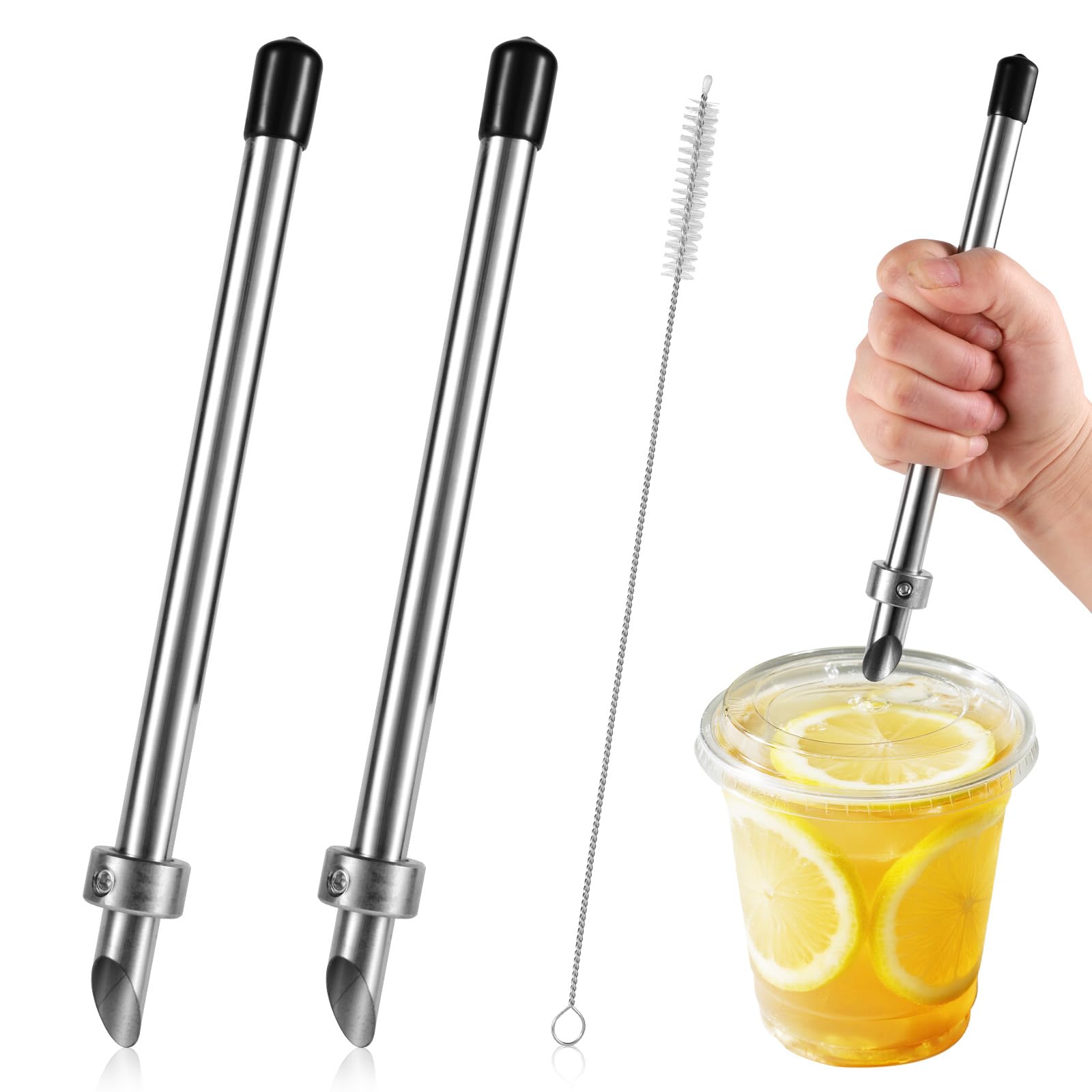 2pcs Straw Puncher for Plastic Lids Lemonade, 8.7in Straw Hole Puncher with Cleaning Brush Stainless Steel Cup Lid Hole Punch Tools Stand Supplies for Drinks Cafe Fresh Squeezed Lemonade