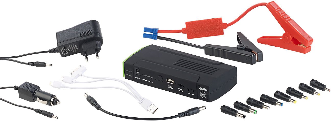 revolt Jump Booster: Notebook-Powerbank mit Kfz-Starthilfe & LED-Leuchte, 8.000 mAh, 400 A (Autobatterie Starthilfe-Powerbank, Akku, Auto)