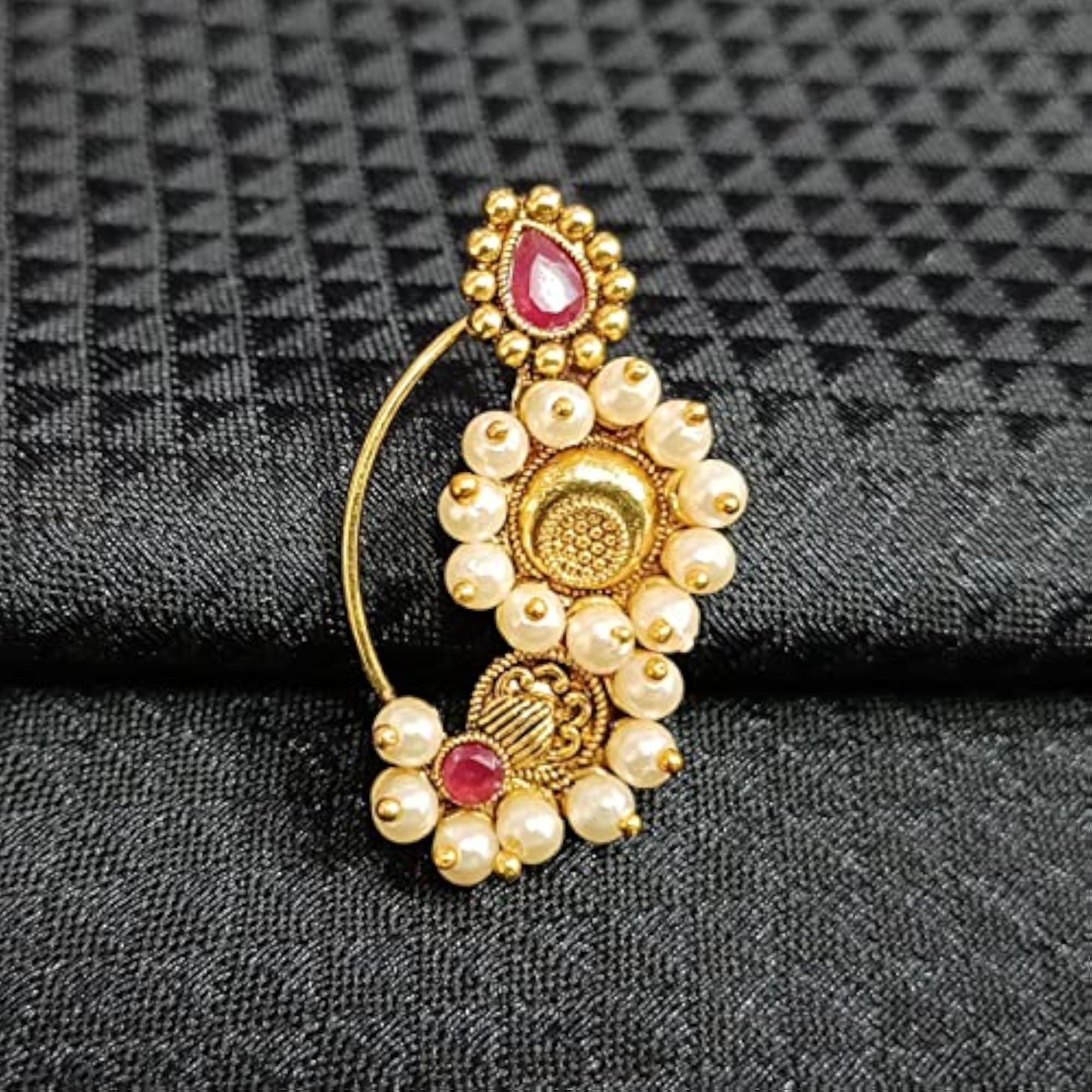 Women's Red Pearl Studded Nath Nosepin