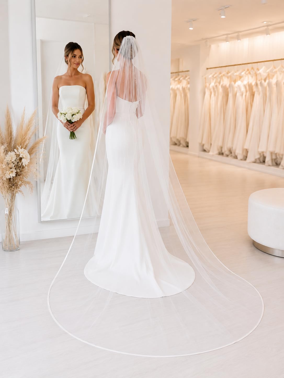Pet-Jos Satinband Brautschleier Hochzeitsschleier Lange Kathedrale Kapelle Weiß Elfenbein Tüllschleier Eleganter Klassischer Schleier mit Kamm