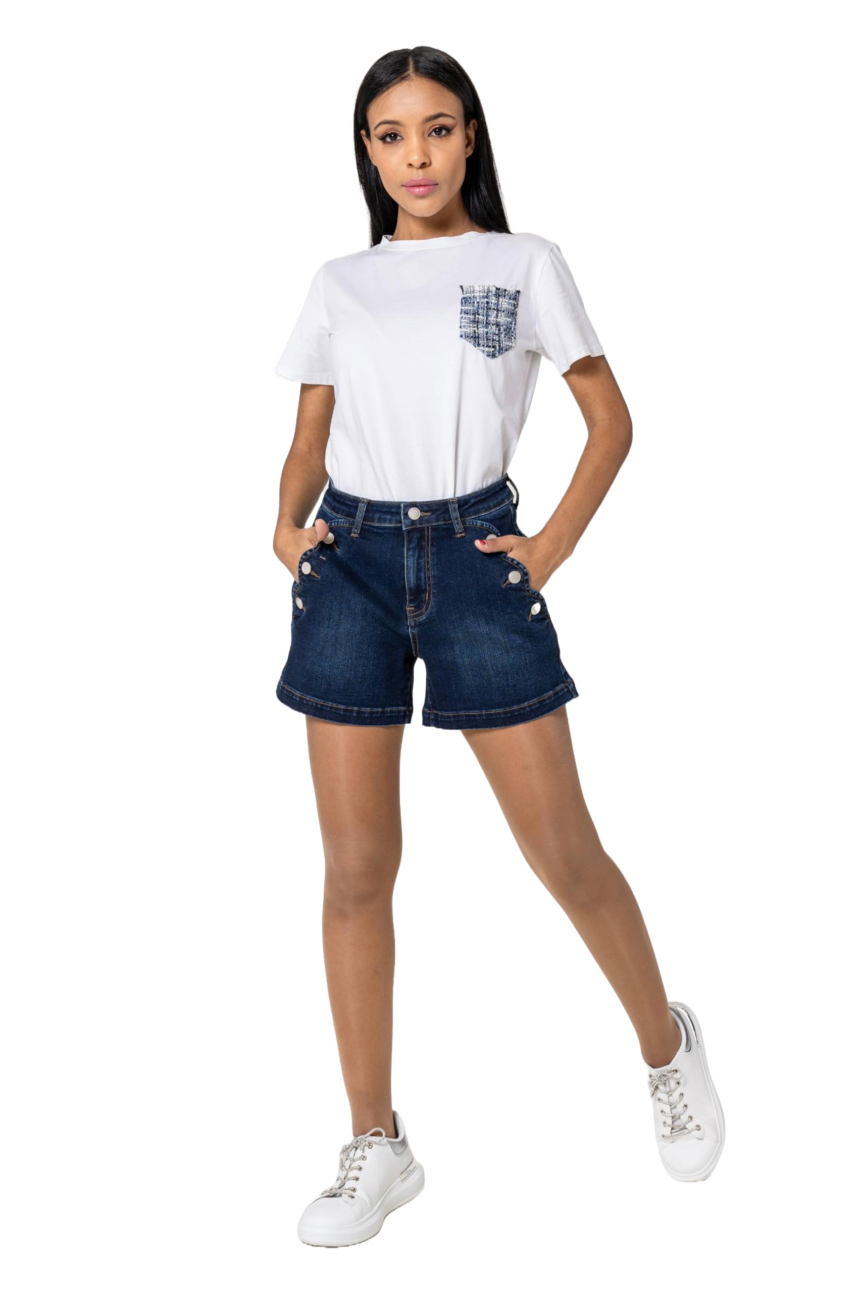 Nina Carter Short en jean taille haute pour femme, au look usé, élégant, short d'été en denim