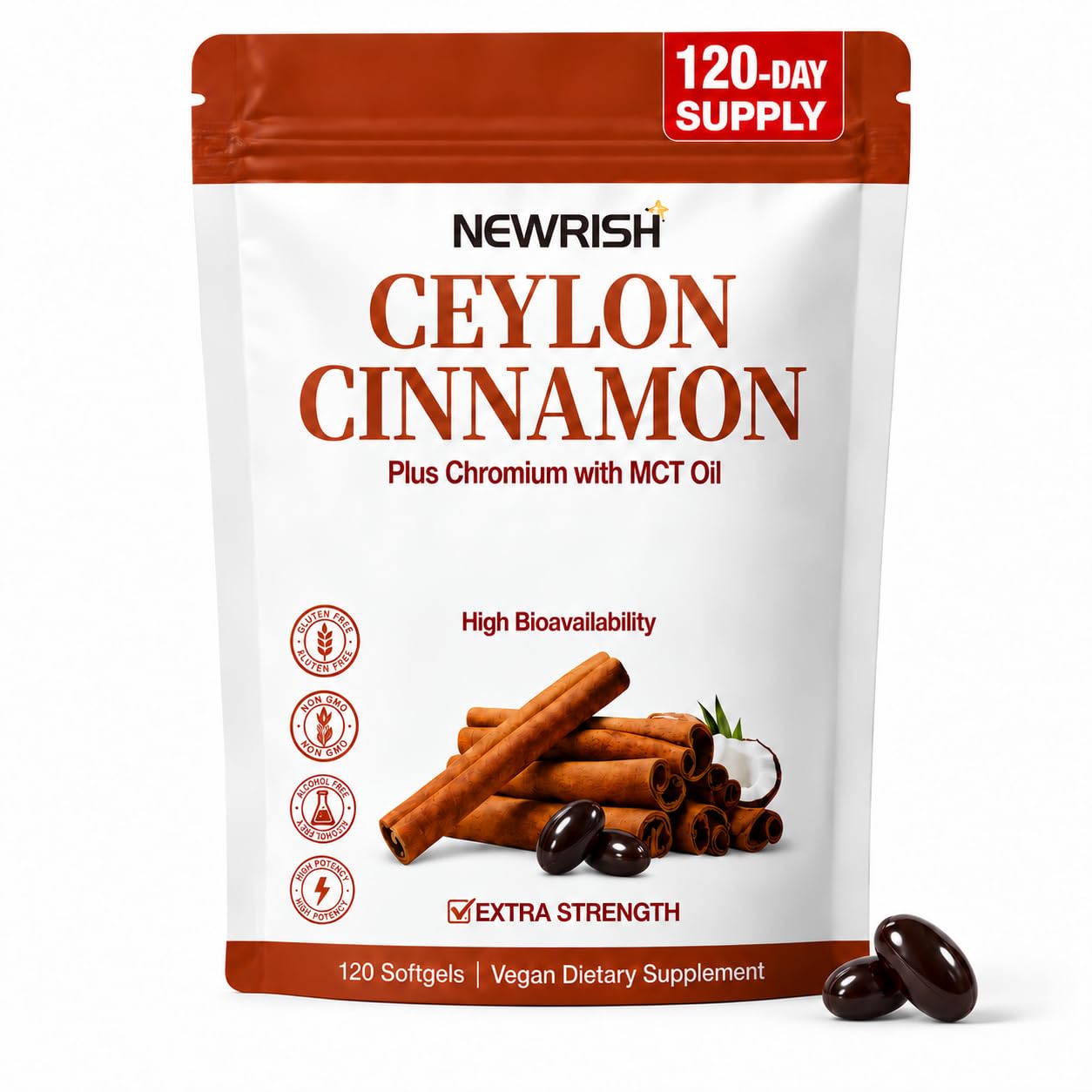 3-in-1 Organic Ceylon Cinnamon Supplement 24:1 Extract with MCT Oil 120 day