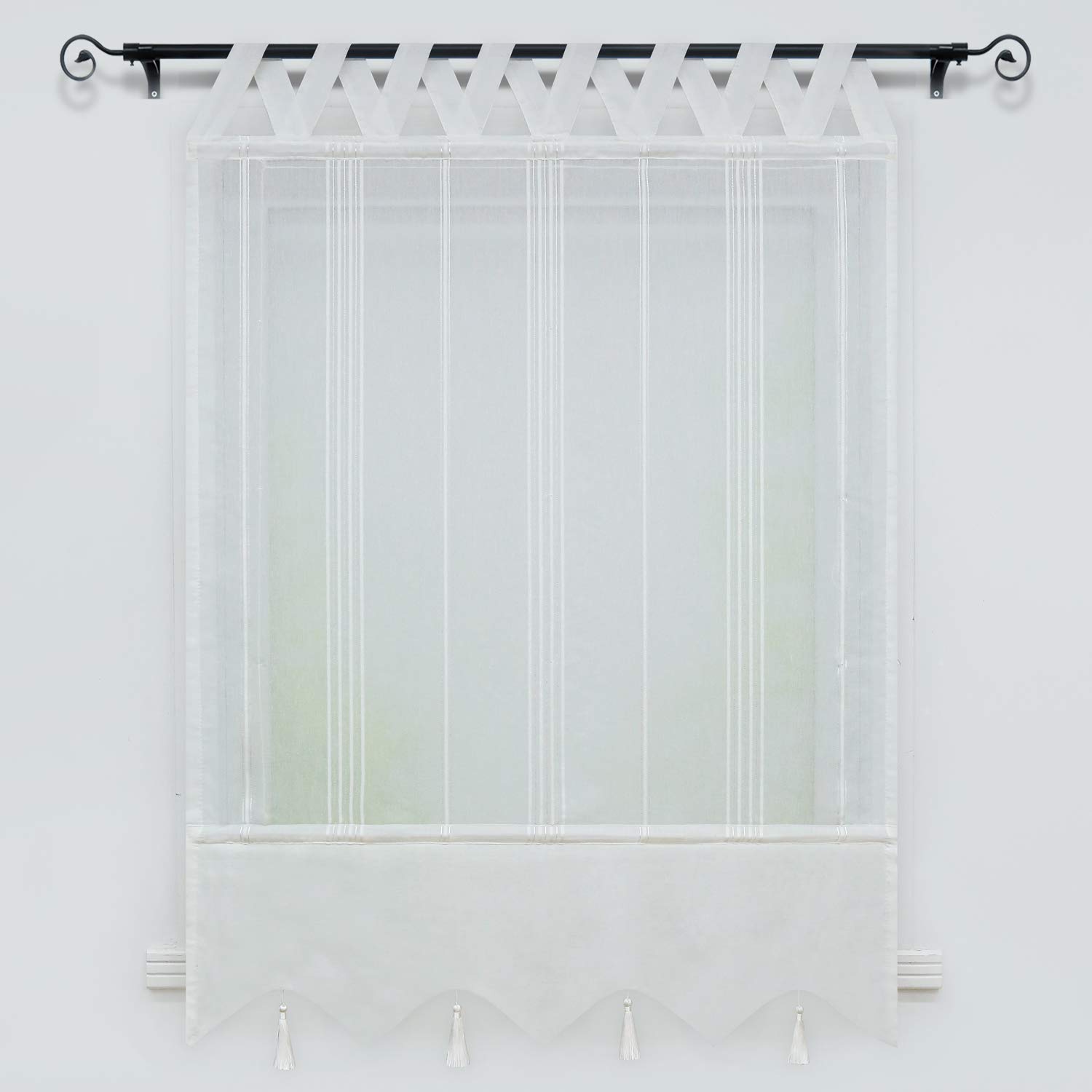 Joyswahl Catrin Store Romain à Passant en V Passe Tringle avec Frange à Pompon Transparent Rideau Voilage Décor pour Fenêtre de Chambre Cuisine Salle de Bain 1 Pièce Blanc LxH 140x140CM