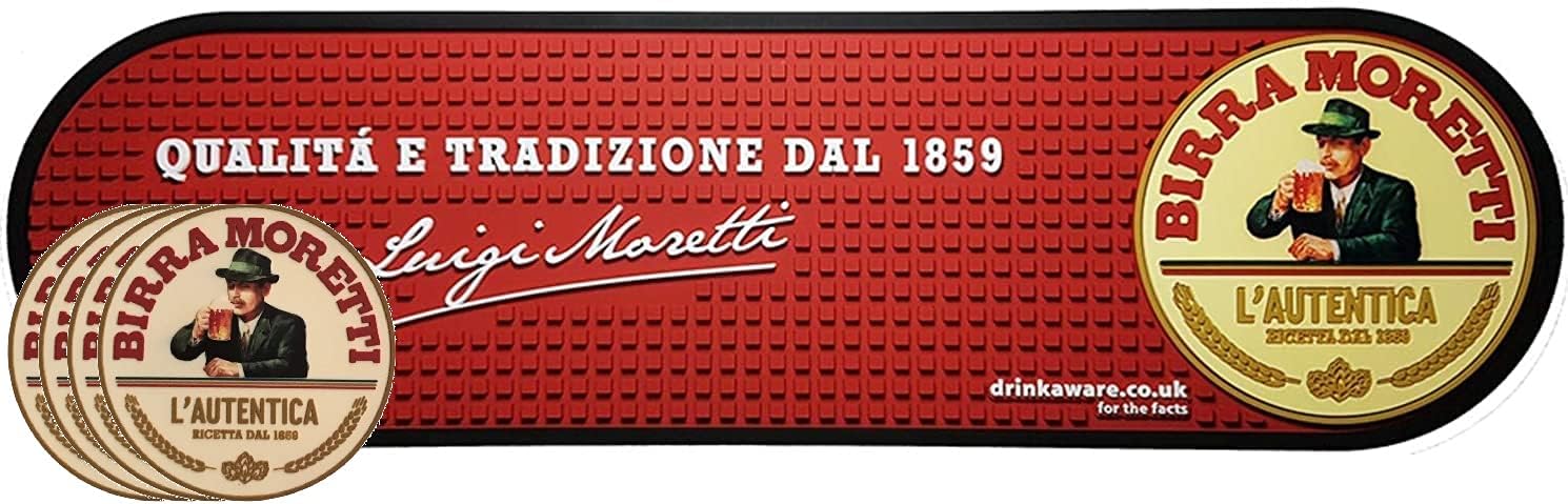 BIRRA MORETTI Bar Runner & Glass Mat/Coaster Set. PVC Bar Mat Drip Runner Curved Edges with Hedgehog Grips. 4x PVC Coasters Slip Prevention Large Classic Logo
