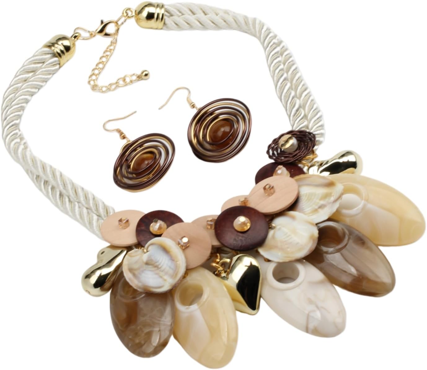 Chunky Statement Pendant Necklace Earrings Set for Women Wood Button Crystal Bead Ethnic Tribal Rope Chain Fashion Jewelry - Image 4