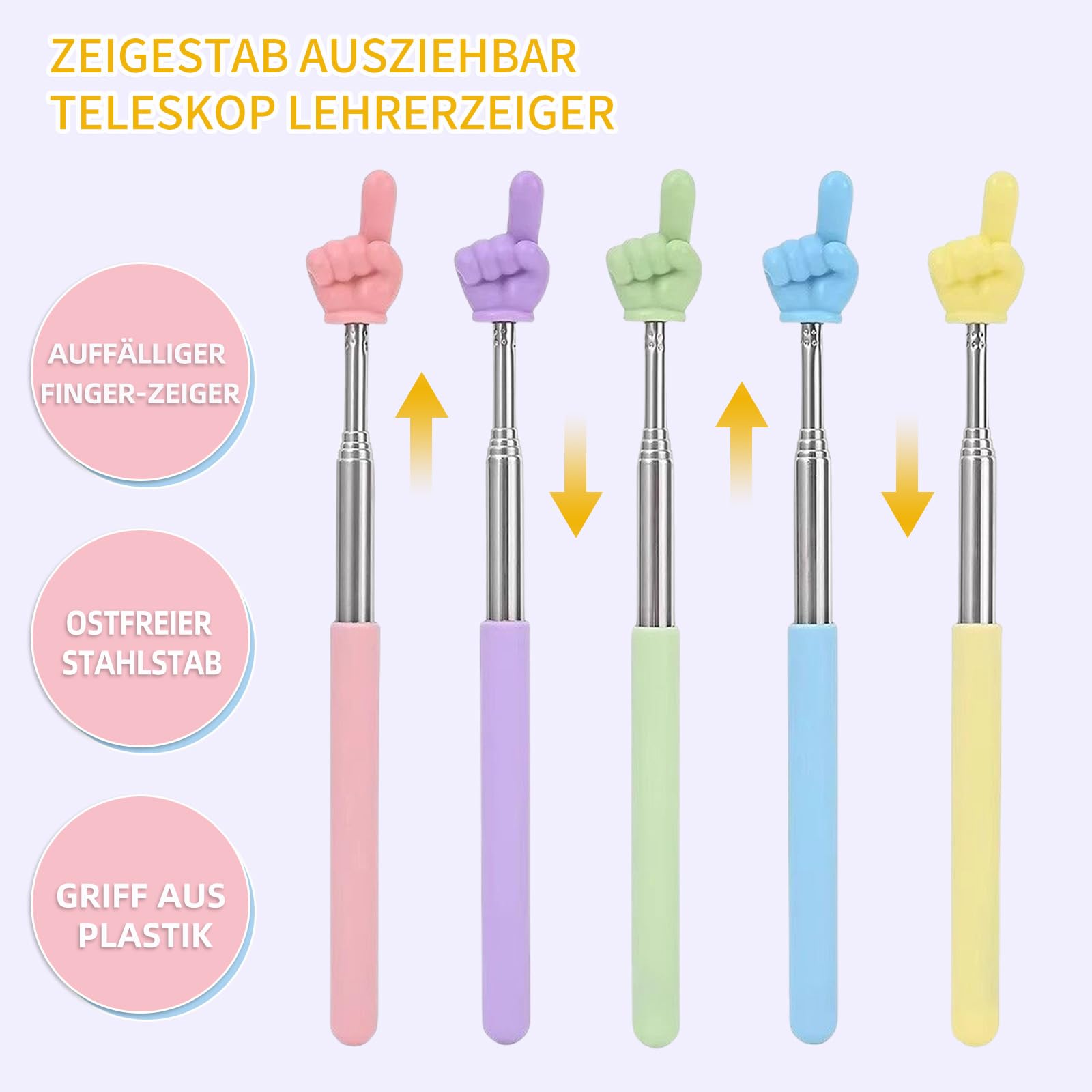 5 unidades de puntero extensible, color macaron, puntero telescópico para profesores con punta de dedo divertida, punta retráctil de acero inoxidable para aulas y conferencias, barra de dedo